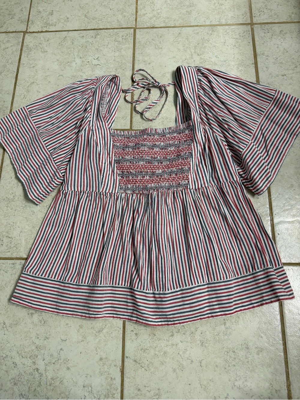 Old Navy Red, Navy & White Striped Smocked Peasant Top